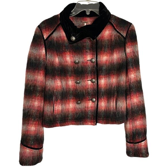 Free People Plaid Wool Blend Military Jacket Women's XS Red Black Velvet Collar - Picture 2 of 8